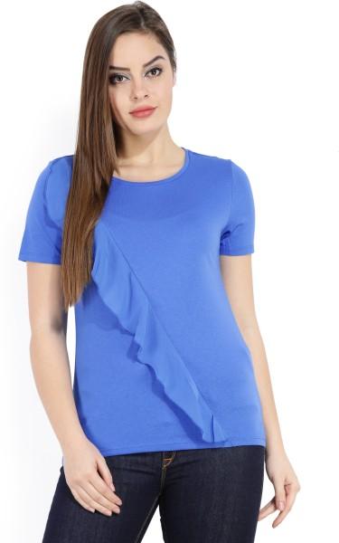 women solid round neck poly cotton blue t-shirt