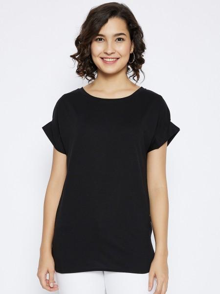 women solid round neck polyester black t-shirt