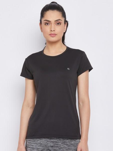 women solid round neck polyester black t-shirt