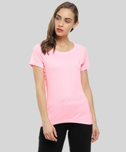 women solid round neck polyester pink t-shirt