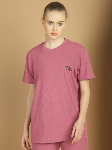 women solid round neck polyester pink t-shirt