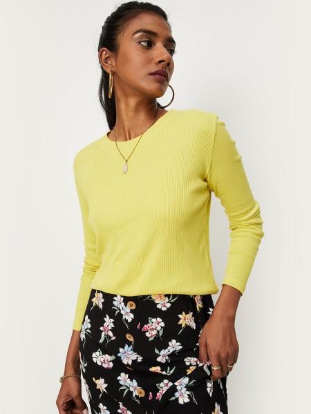 women solid round neck polyester yellow t-shirt