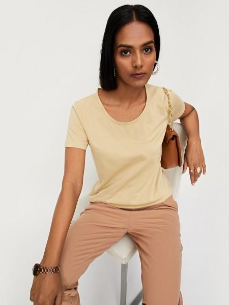 women solid round neck pure cotton beige t-shirt