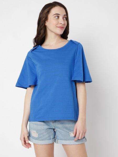 women solid round neck pure cotton blue t-shirt