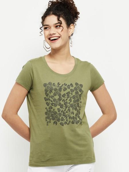 women solid round neck pure cotton green t-shirt