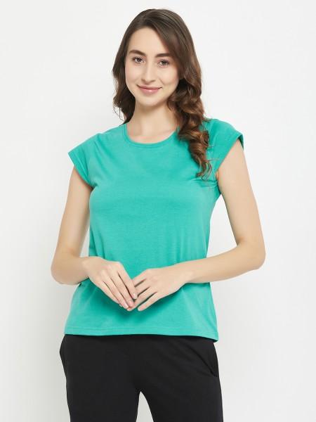 women solid round neck pure cotton green t-shirt