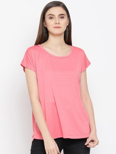 women solid round neck pure cotton pink t-shirt