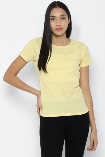 women solid round neck pure cotton yellow t-shirt