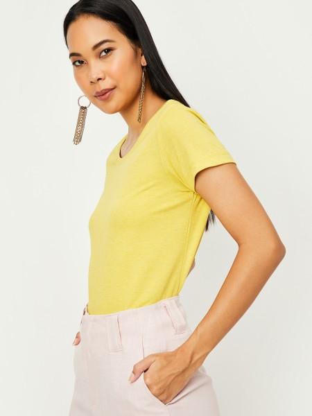 women solid round neck pure cotton yellow t-shirt