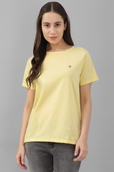 women solid round neck pure cotton yellow t-shirt