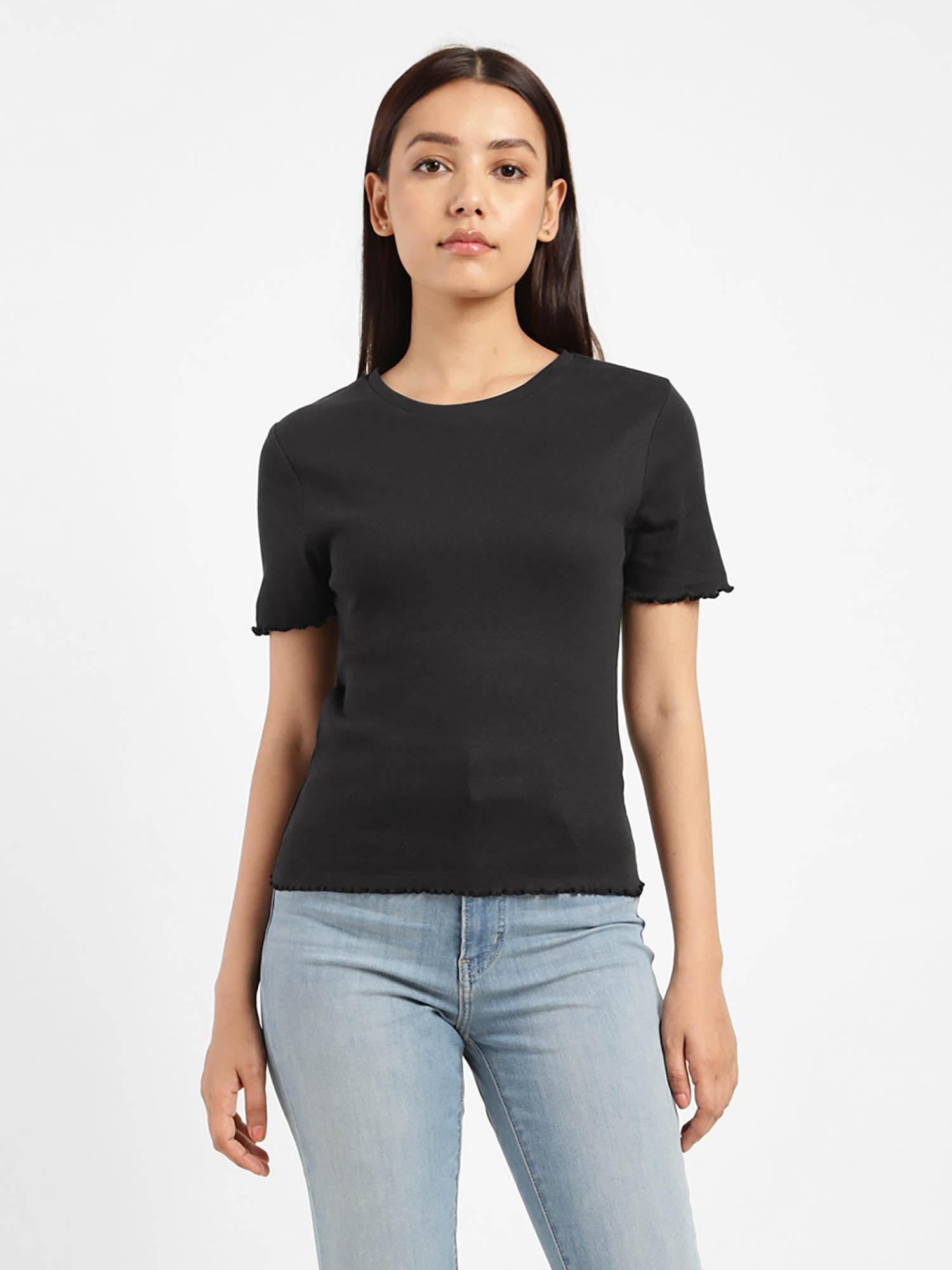 women solid round neck ribbed t-shirt with lettuce edges detailing