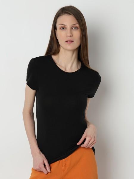 women solid round neck viscose rayon black t-shirt