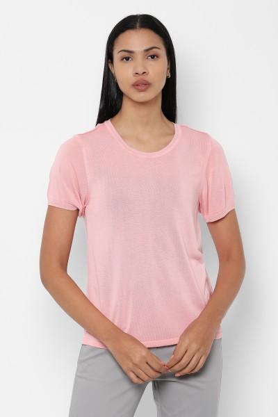 women solid round neck viscose rayon pink t-shirt