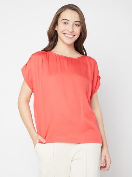 women solid round neck viscose rayon red t-shirt