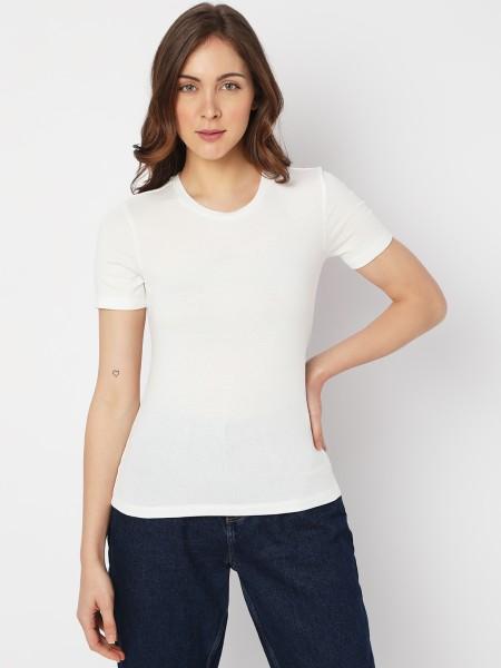 women solid round neck viscose rayon white t-shirt