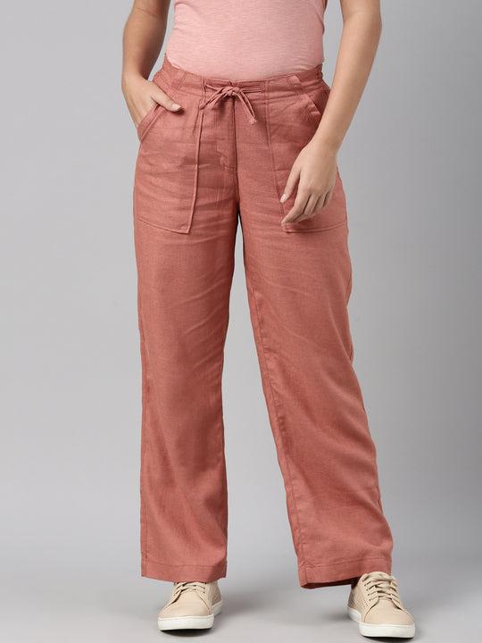 women solid rust linen cargo pant