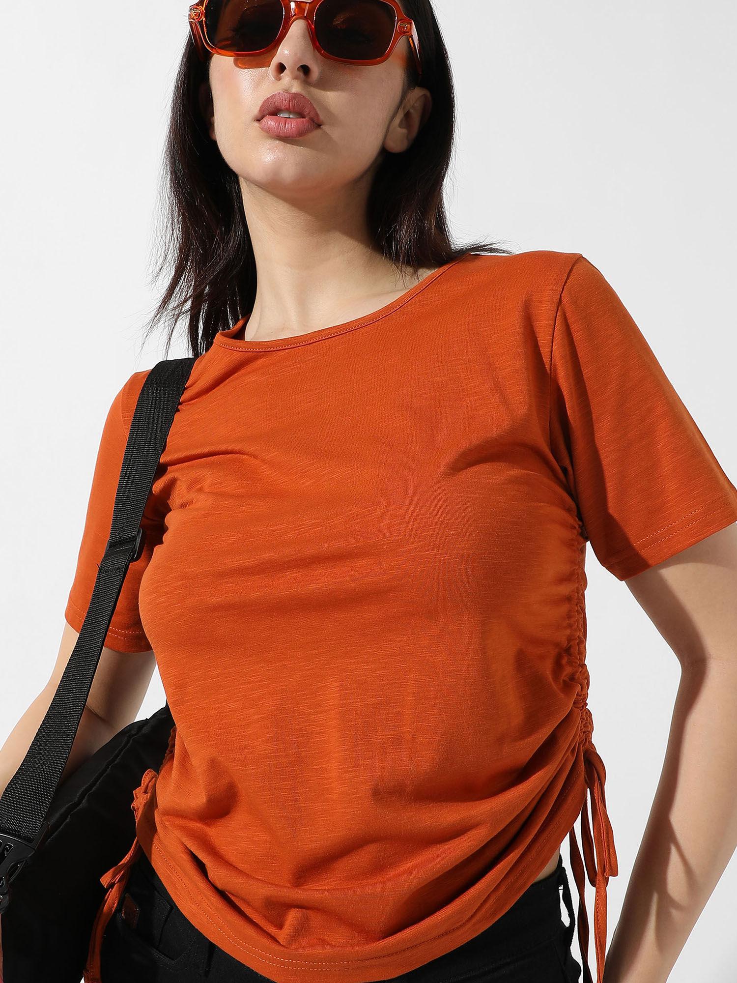 women solid rust orange ruched top