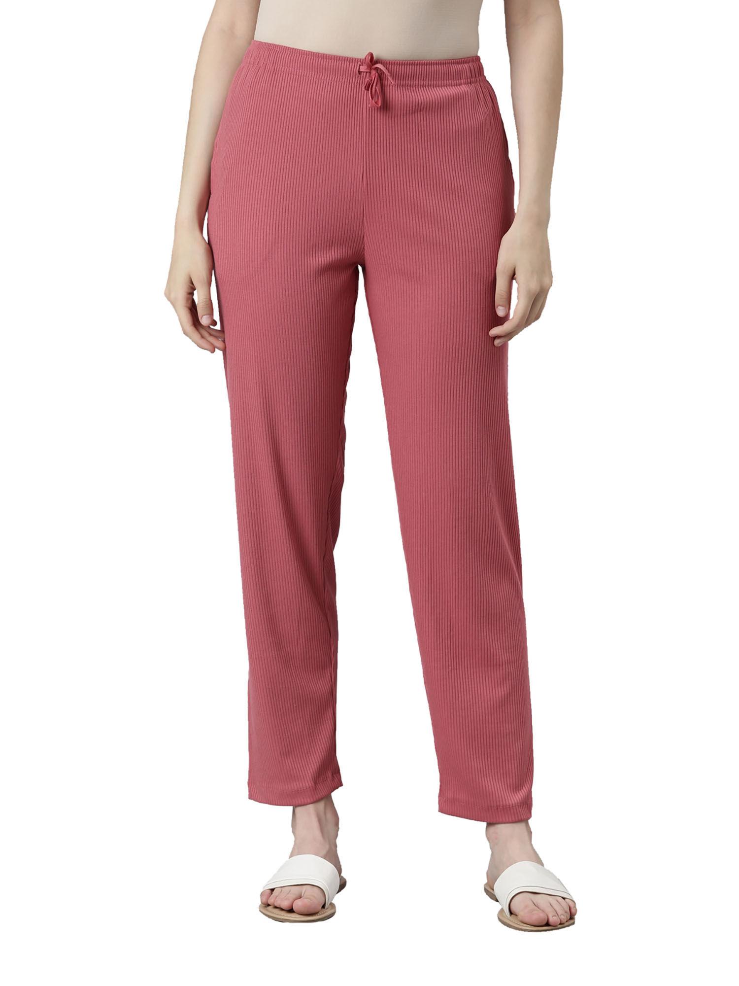 women solid rusty pink mid rise casual rib pants