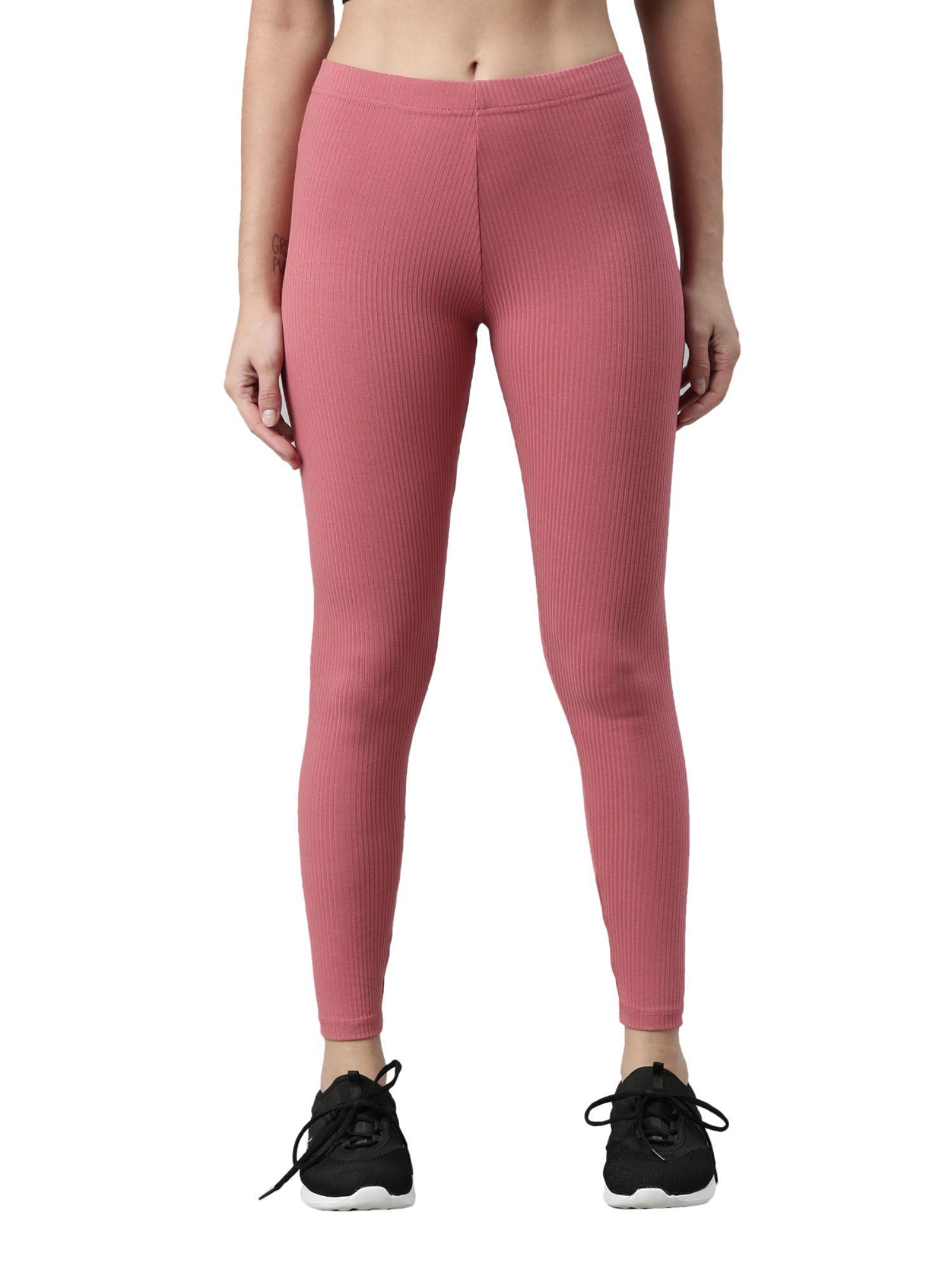 women solid rusty pink ribbed leggings