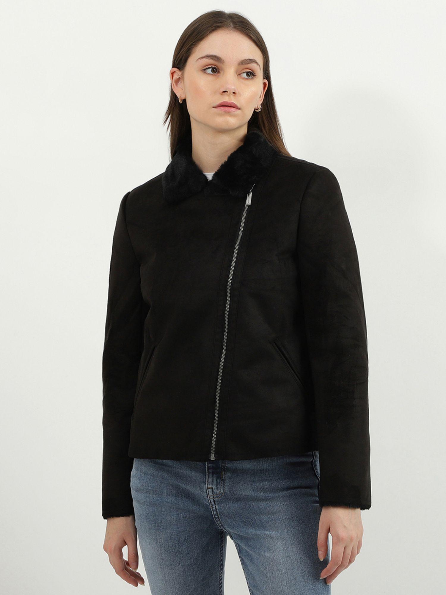 women solid shirt collar jacket