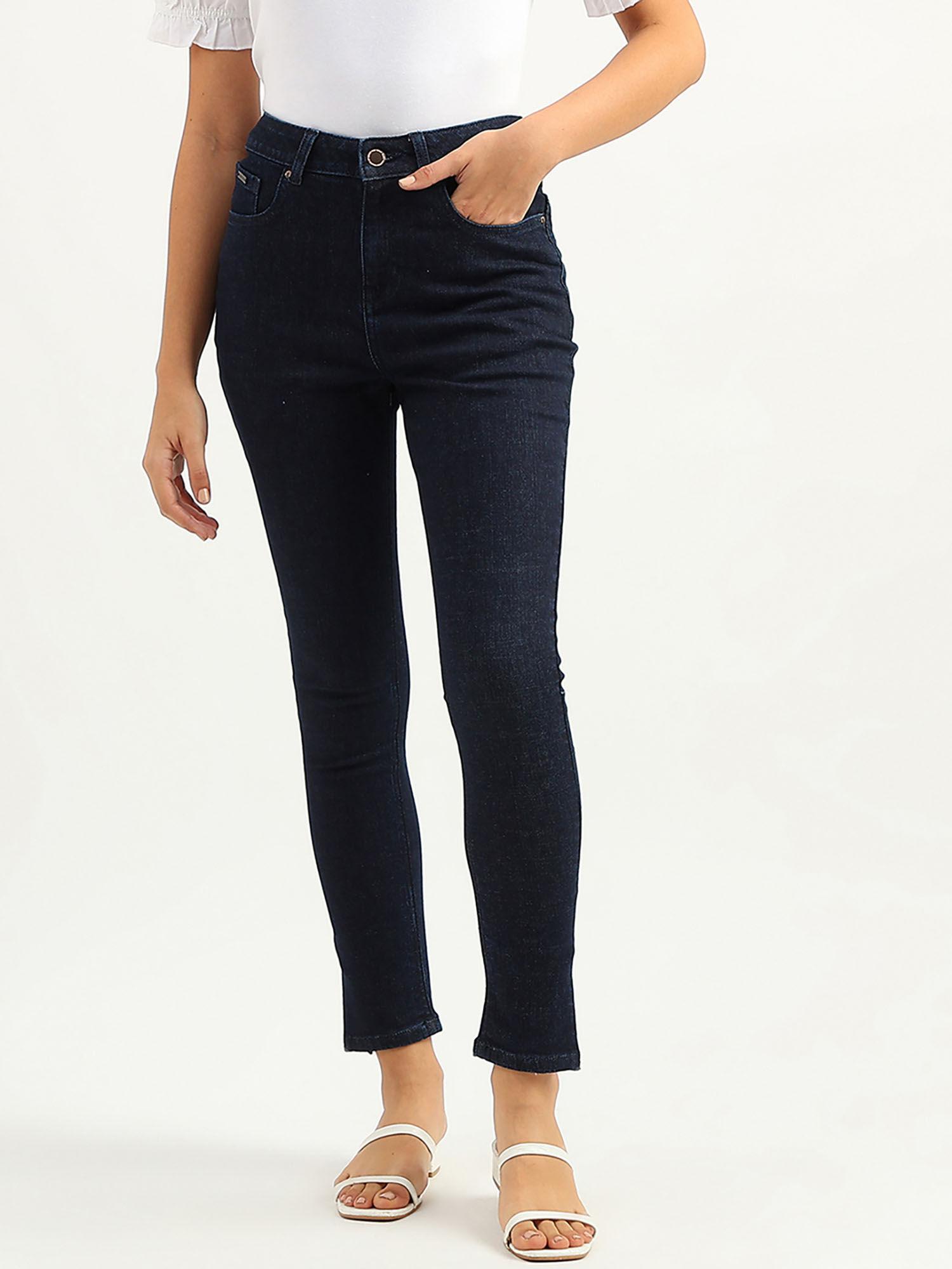 women solid skinny fit navy blue jeans