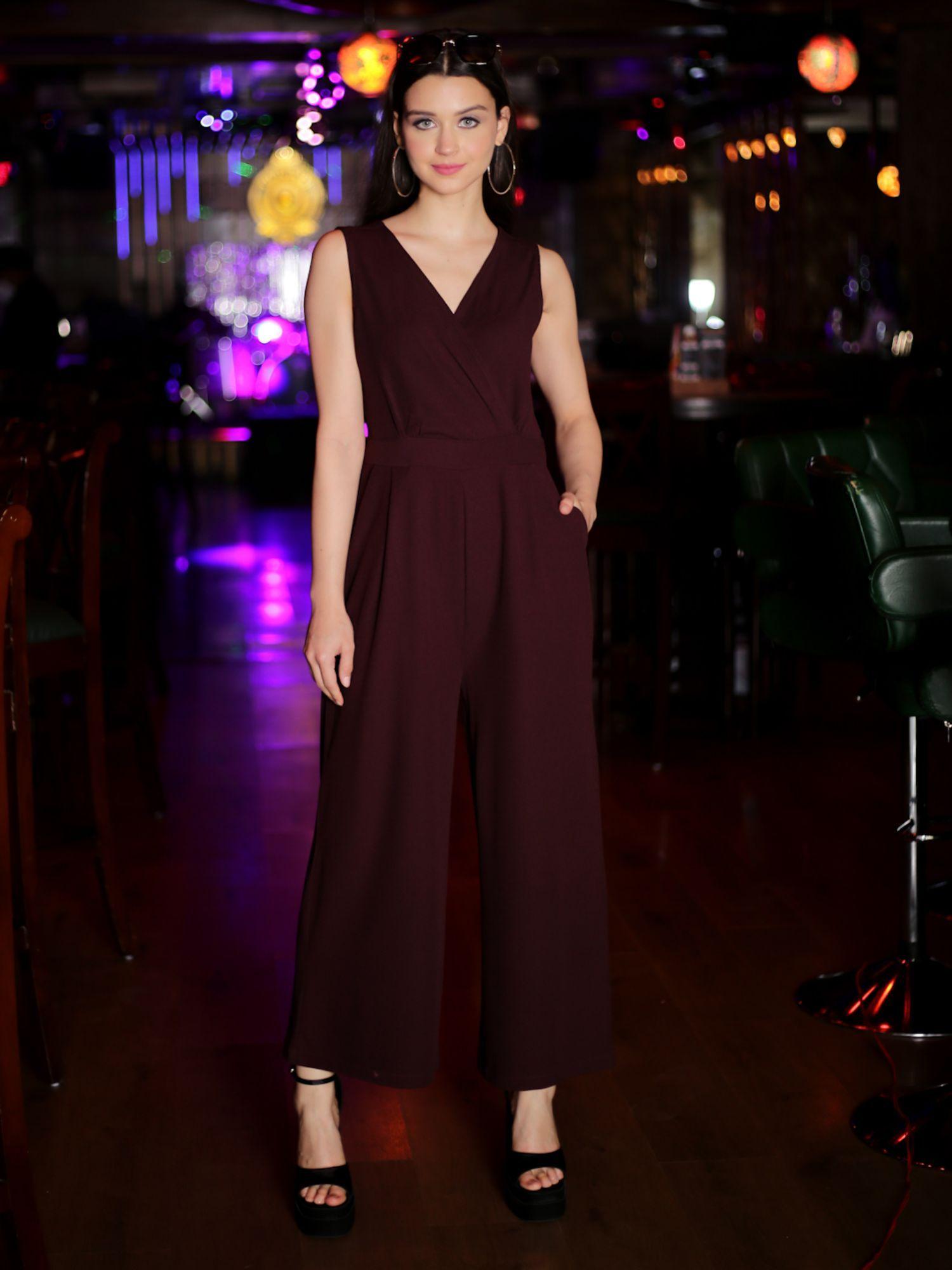 women solid sleeveless v-neck jumpsuit - wine