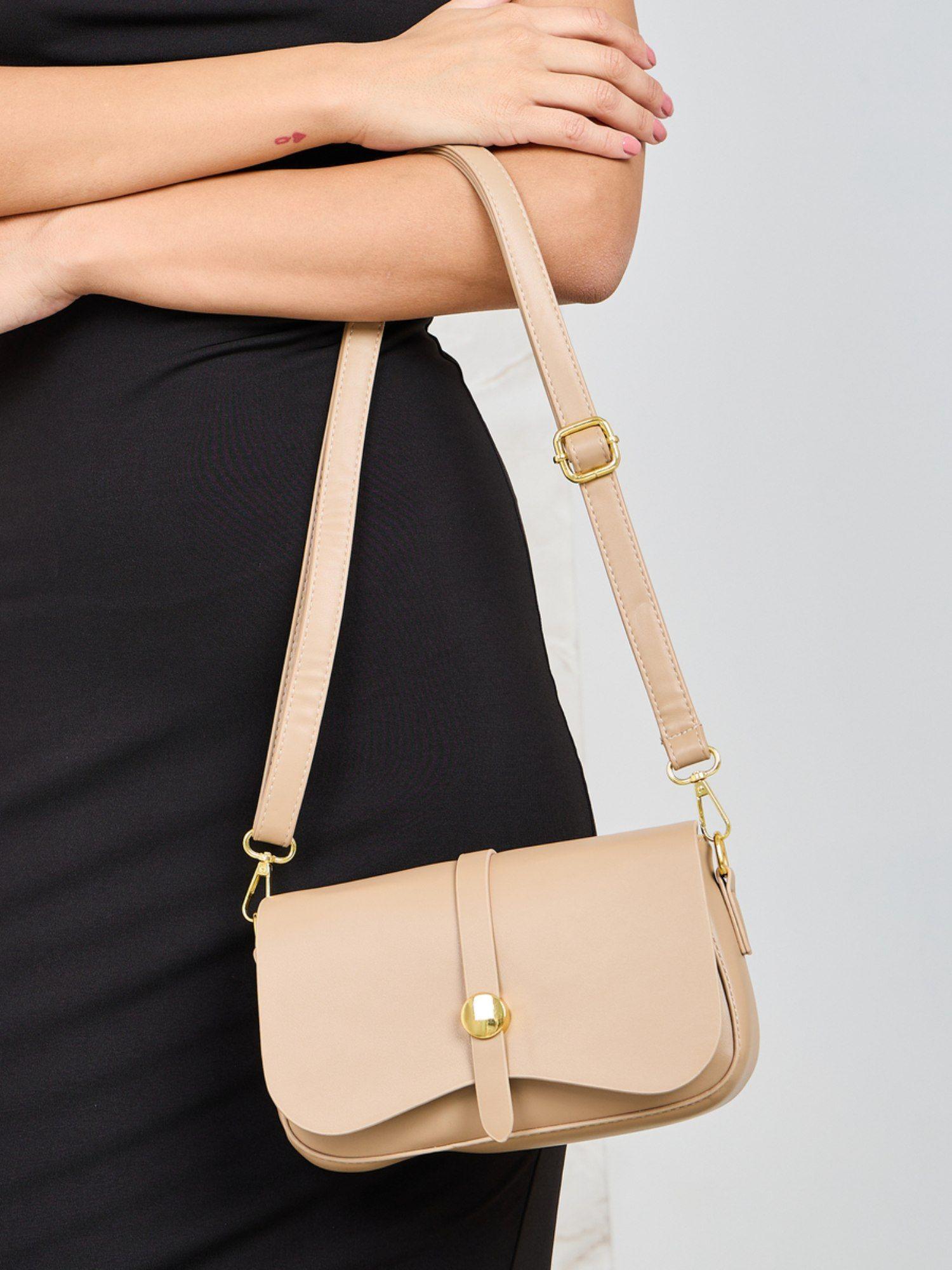 women solid sling bag beige pu