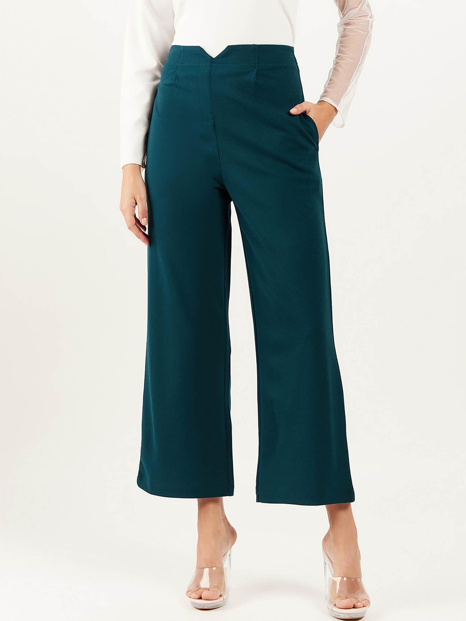 women solid straight leg green trouser