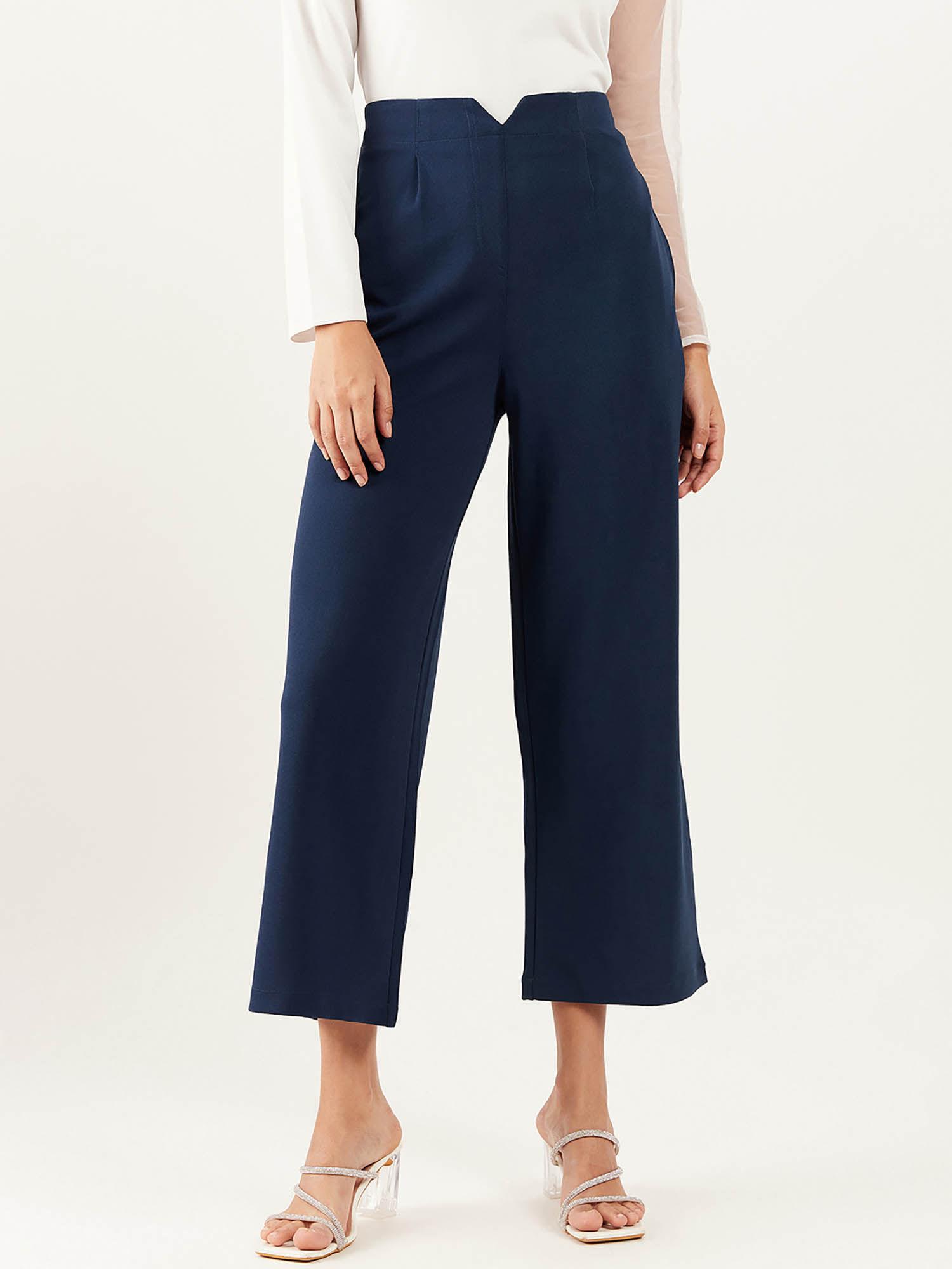 women solid straight leg navy blue trouser