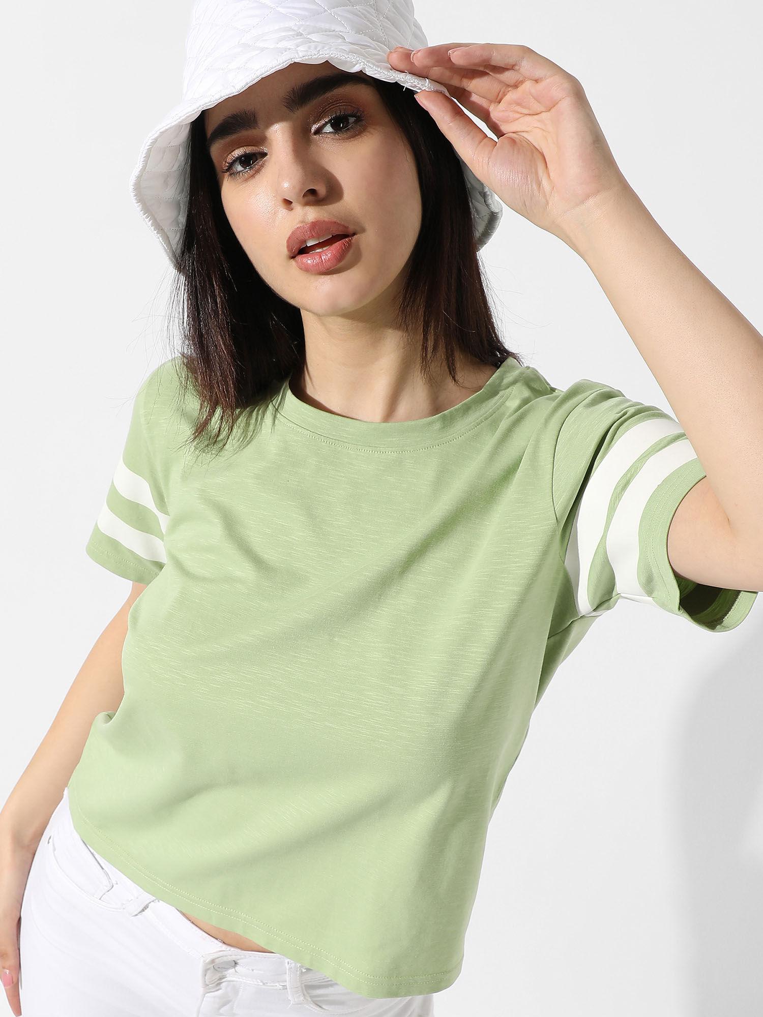 women solid tea green boxy top