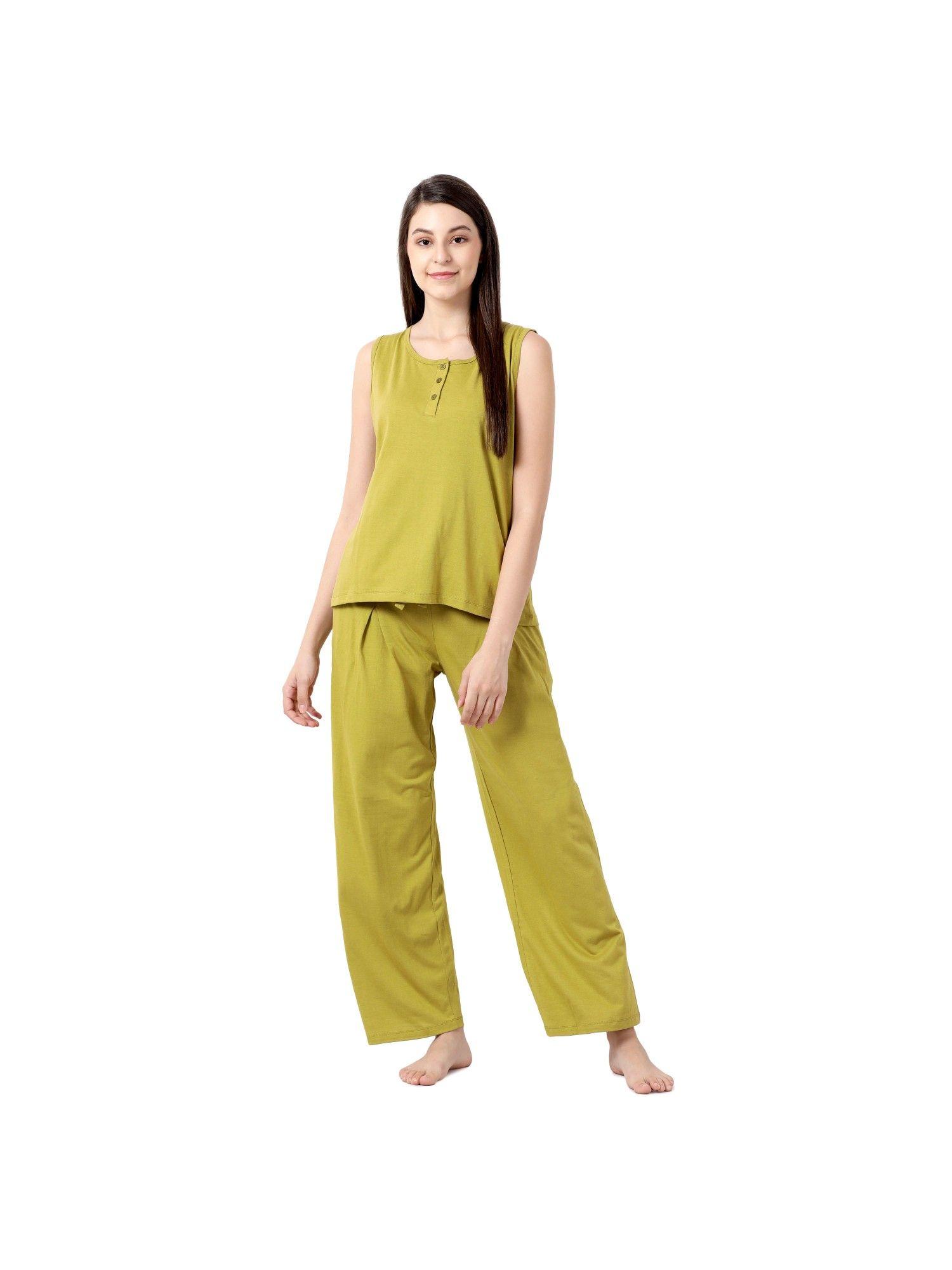 women solid top & pyjamas set - green