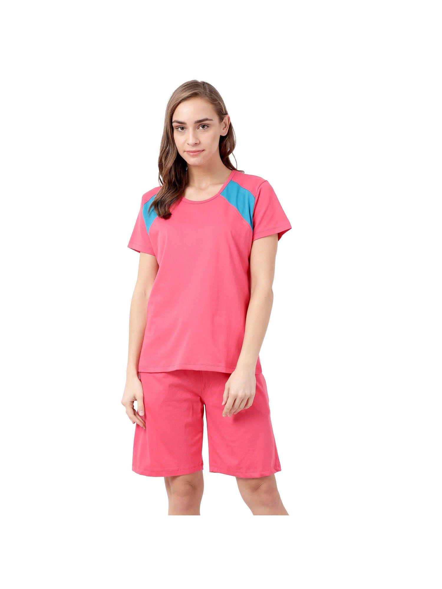 women solid top & shorts set - pink