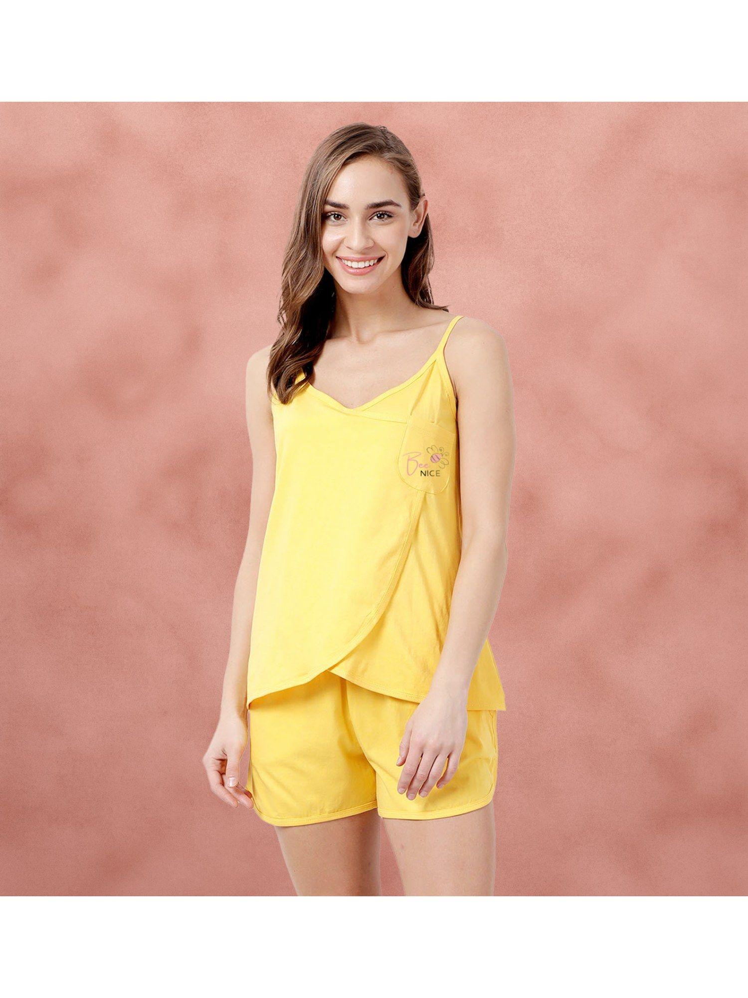 women solid top & shorts set - yellow