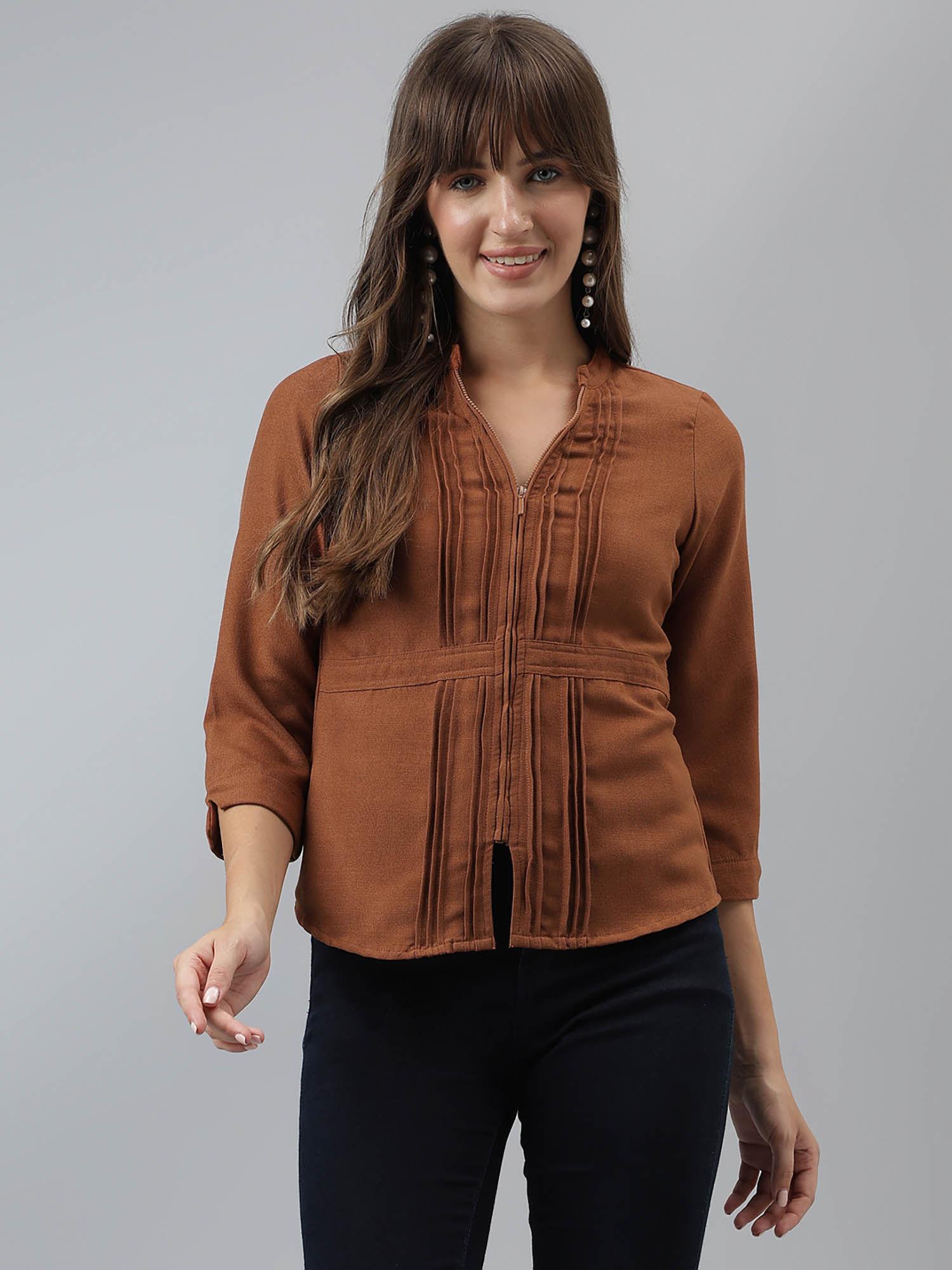 women solid top casual three fourth sleeves brown top