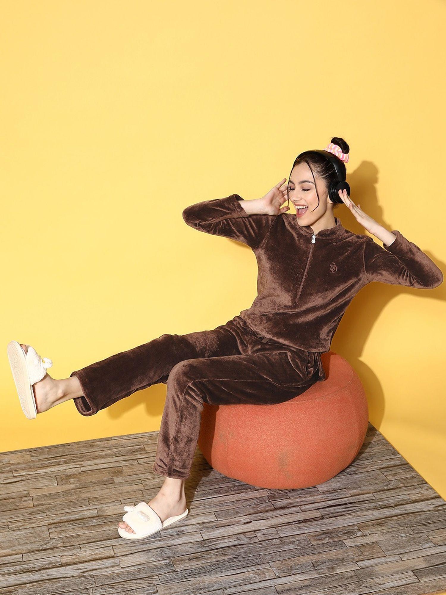 women solid track suit brown (set of 2)