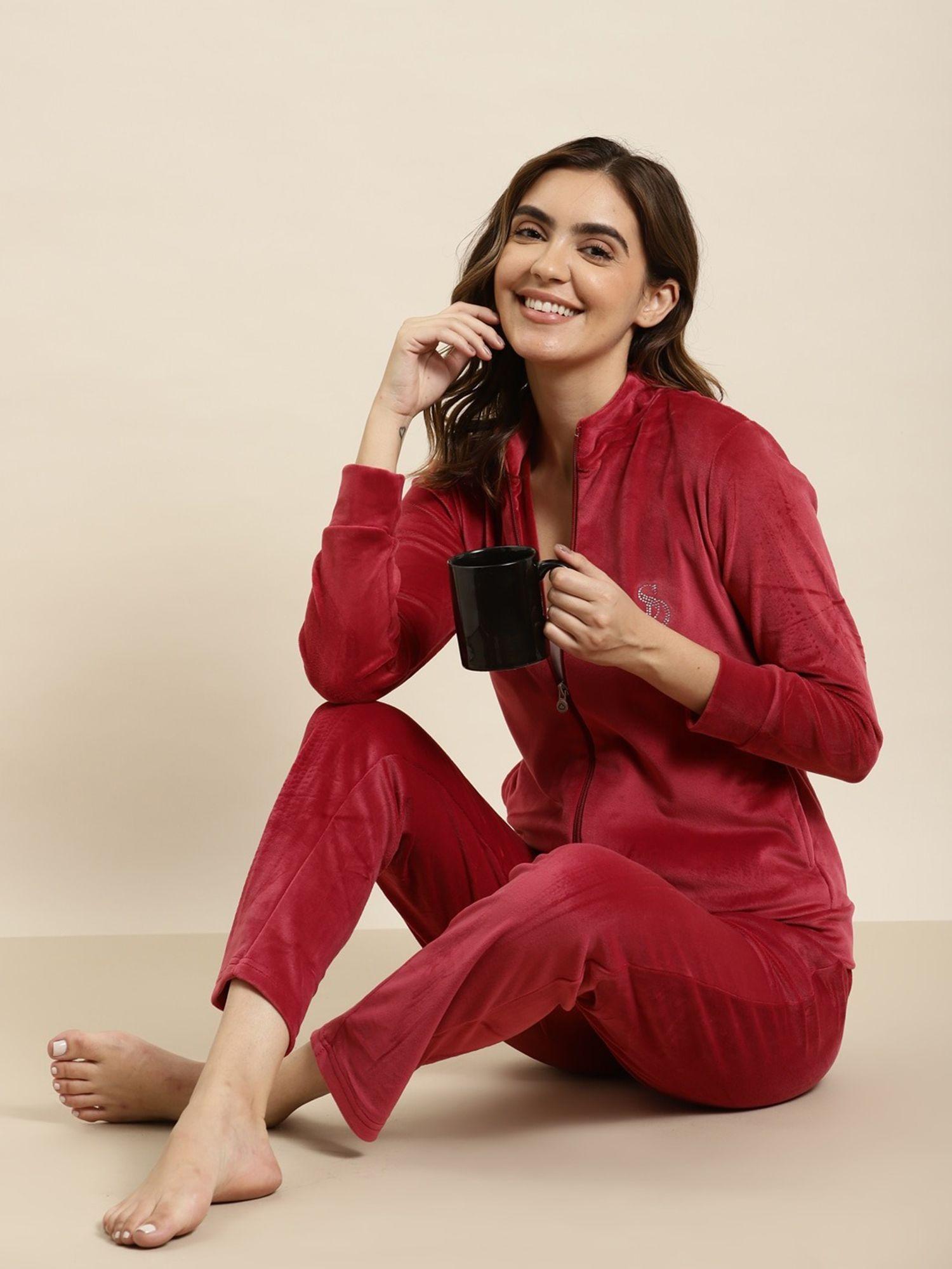 women solid track suit red (set of 2)