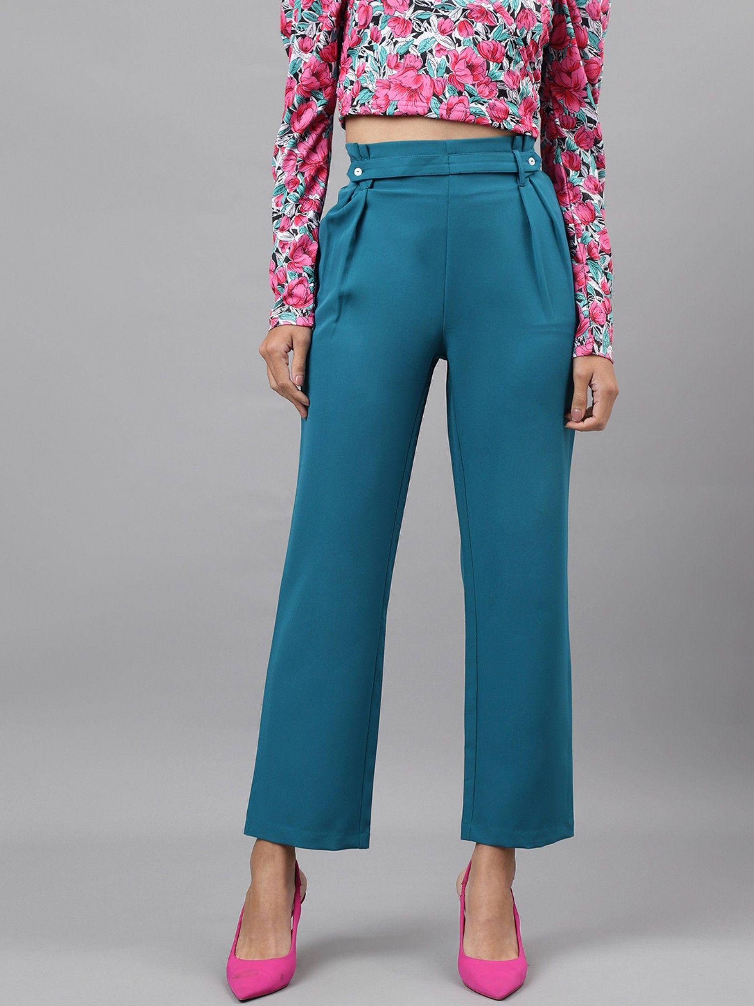 women solid turquoise straight pant