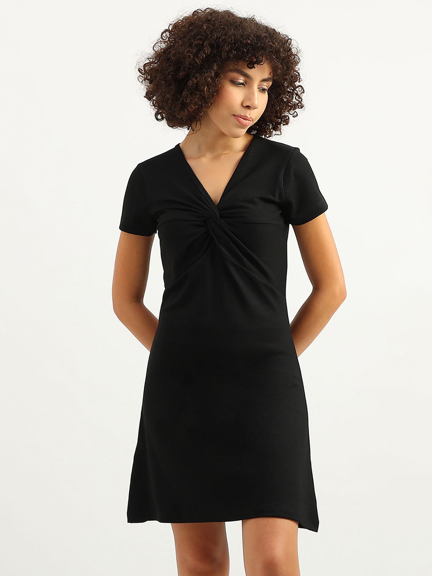 women solid v-neck black dress