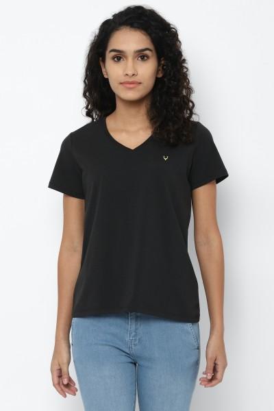 women solid v neck cotton blend black t-shirt