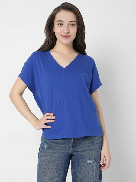 women solid v neck cotton blend blue t-shirt