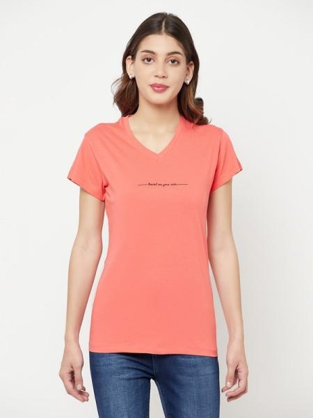 women solid v neck cotton blend pink t-shirt