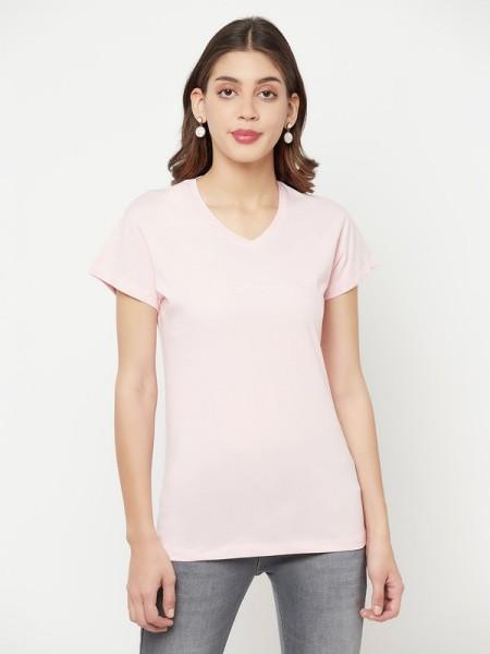 women solid v neck cotton blend pink t-shirt