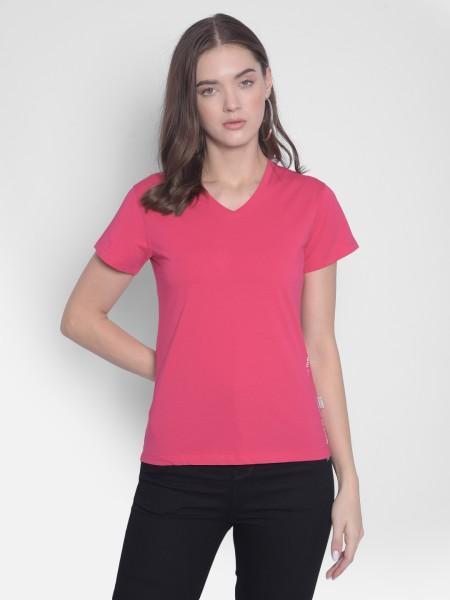 women solid v neck polyester pink t-shirt