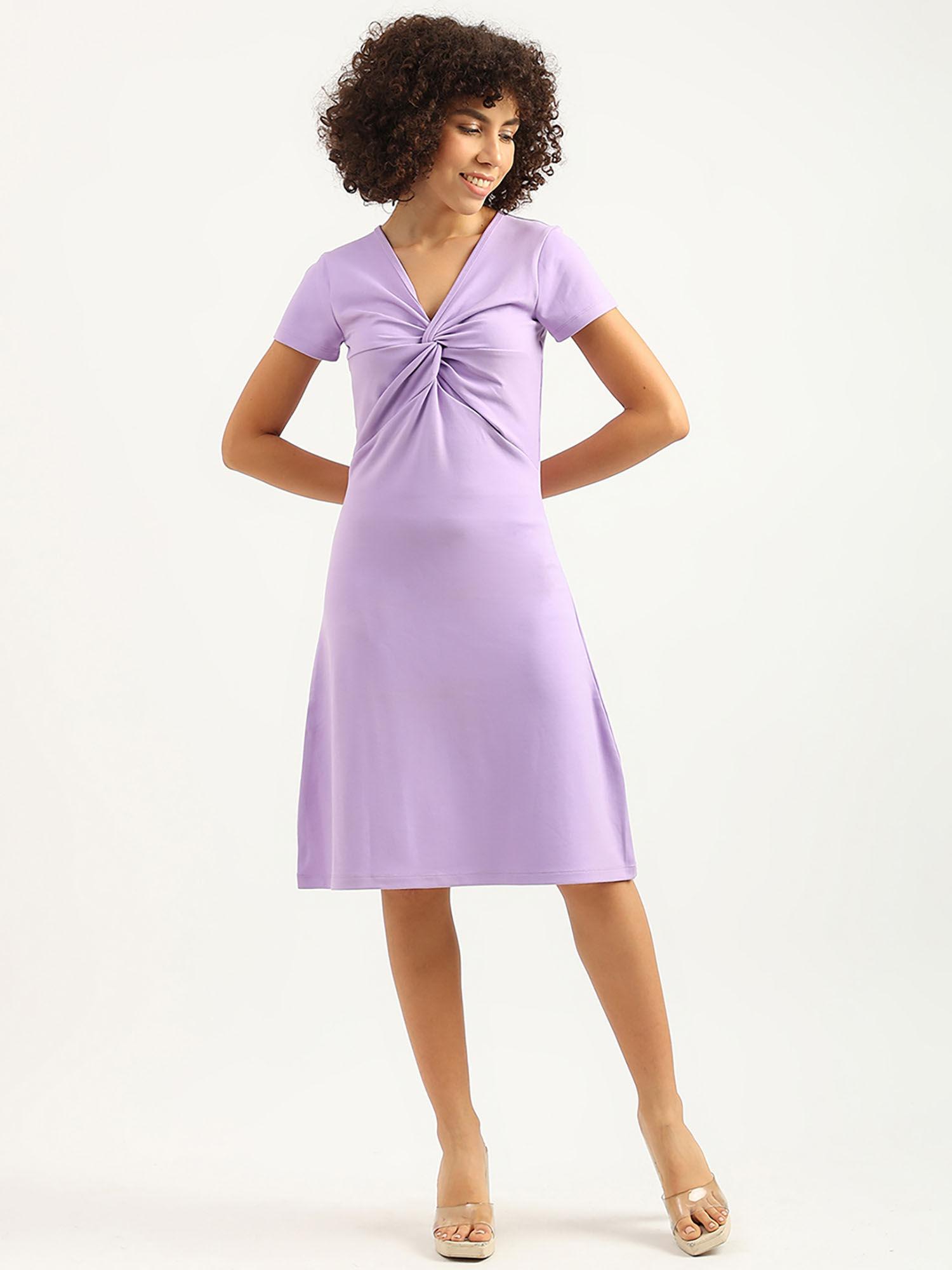 women solid v-neck purple dress