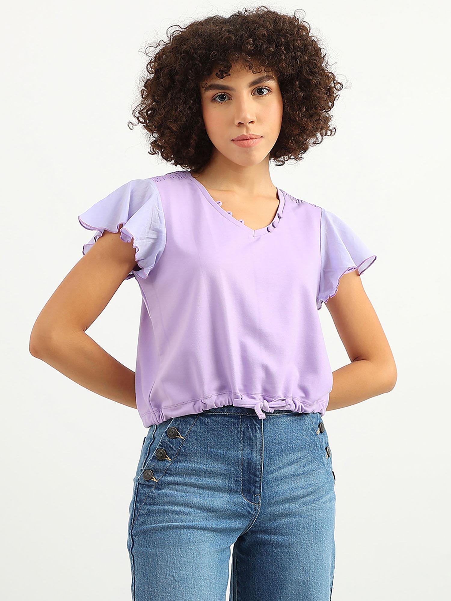 women solid v-neck purple top