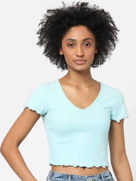 women solid v neck viscose rayon green t-shirt