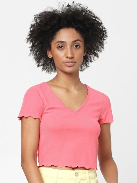 women solid v neck viscose rayon pink t-shirt