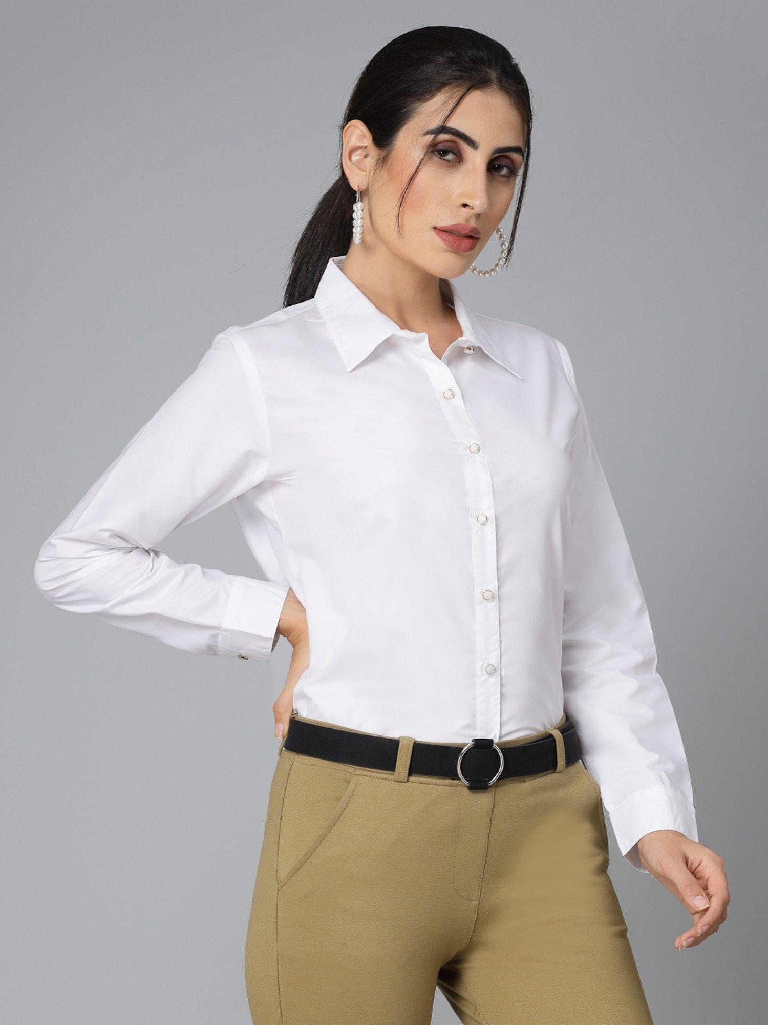 women solid white polycotton formal shirt