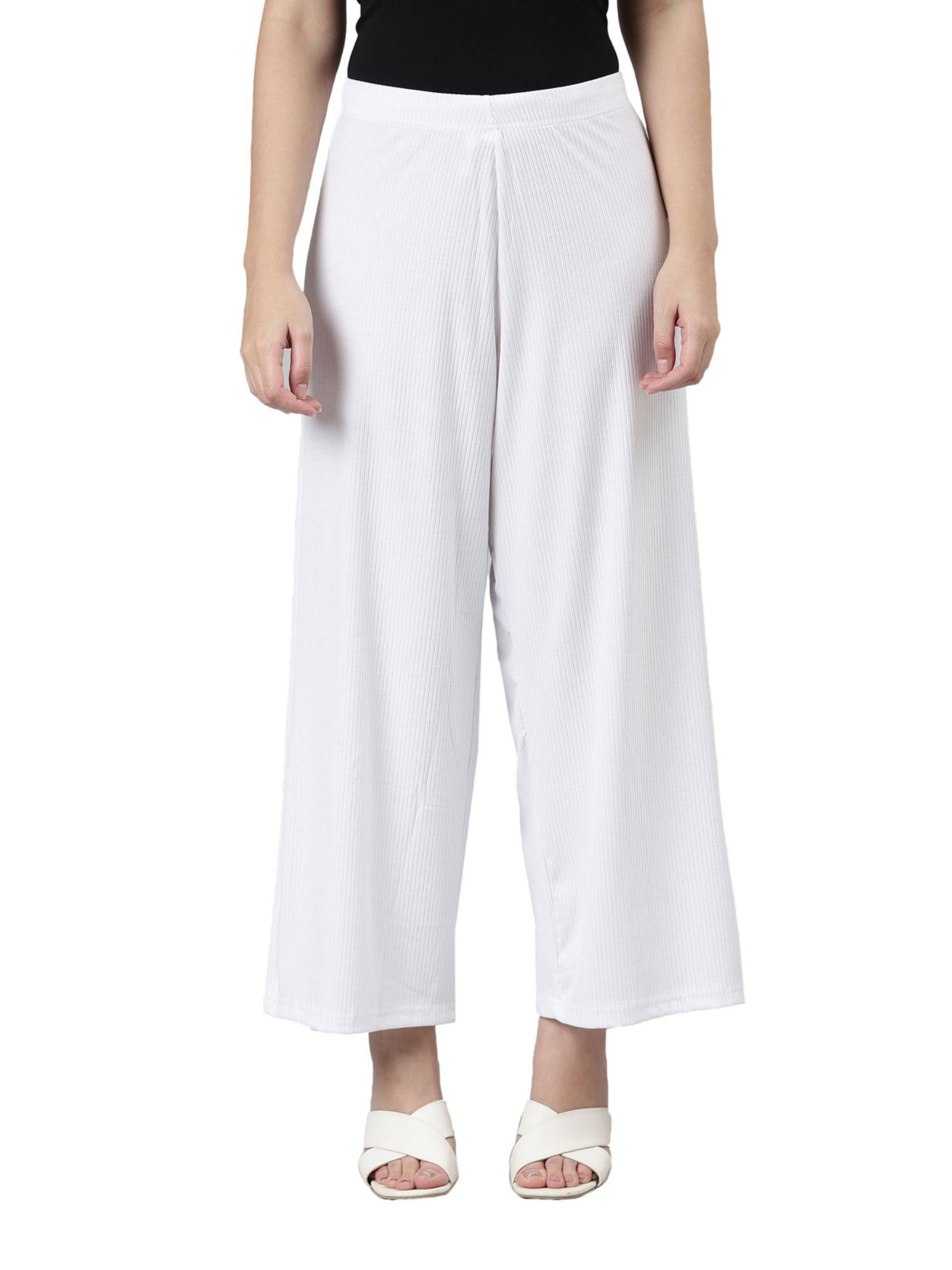 women solid white viscose mid rise palazzos