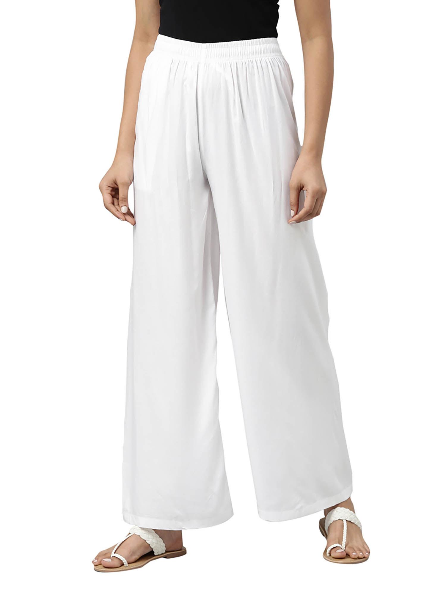 women solid white woven viscose mid rise basic palazzo